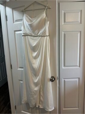 Morilee 21856 ivory luxe satin cowl neck sheath dress